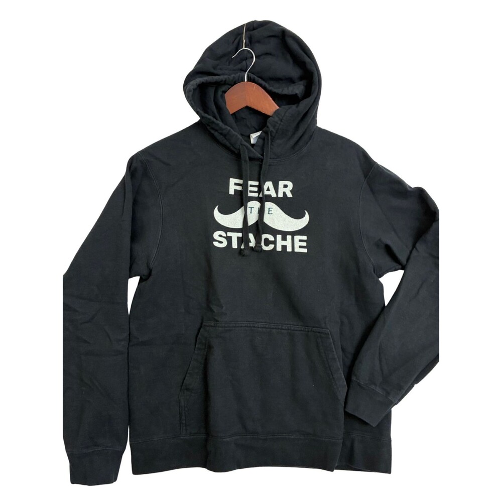 Fear The Stache Mustache Hoodie Mens Medium Black Graphic Pullover Port Company